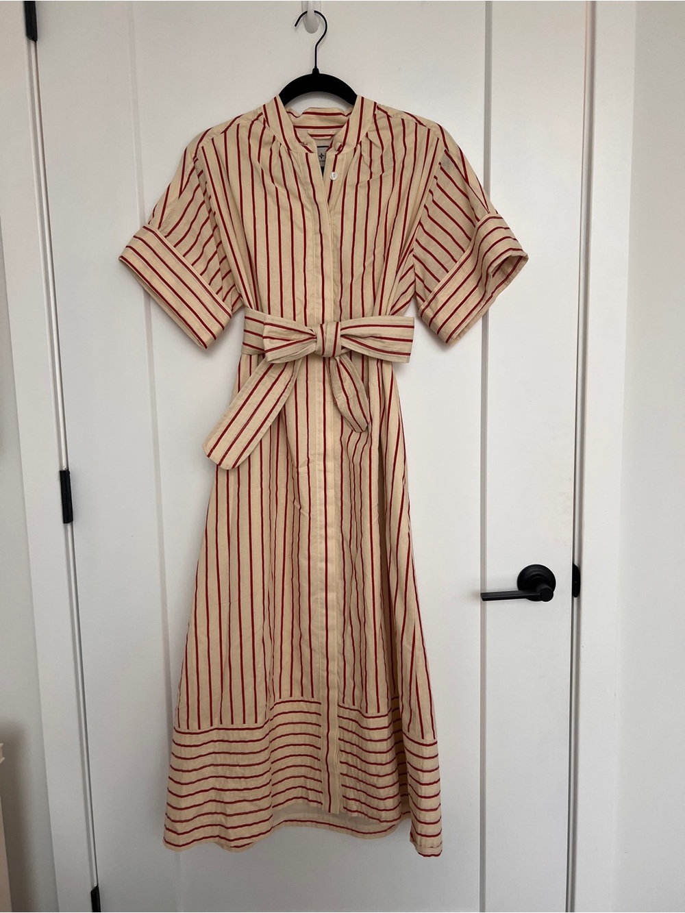 Tuckernuck Tie-Waist Midi Dress in Cream and Red